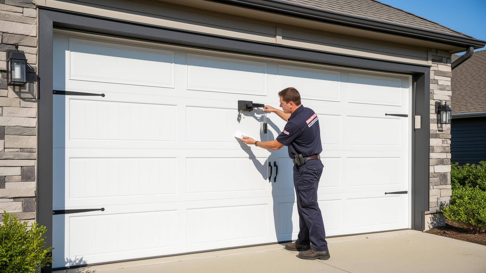 Professional garage door technician servicing a modern residential garage door